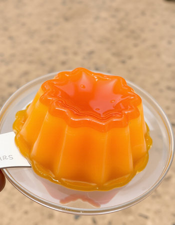 Jelly pudding with orange jelly in a plastic cup on the tableの写真素材