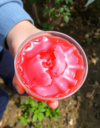 A woman's hand holding a glass of red jelly in the garden.の写真素材