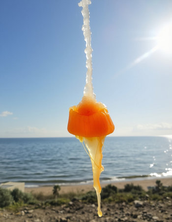 Honey dripping from a piece of orange on the seashoreの写真素材