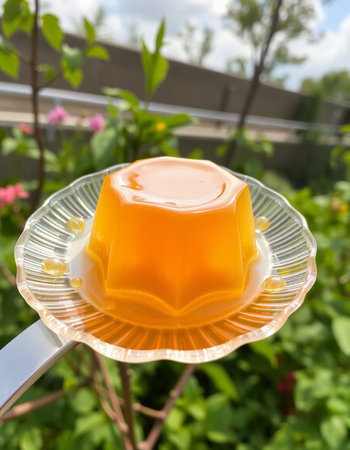Jelly pudding in plastic cup on the garden table, Thailand.の写真素材