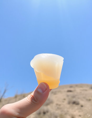 Ice cream in hand on the background of the blue sky. Selective focus.