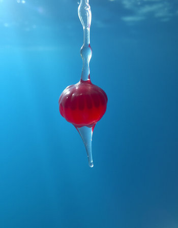 Red jellyfish floating in the blue water. 3d illustration.の写真素材