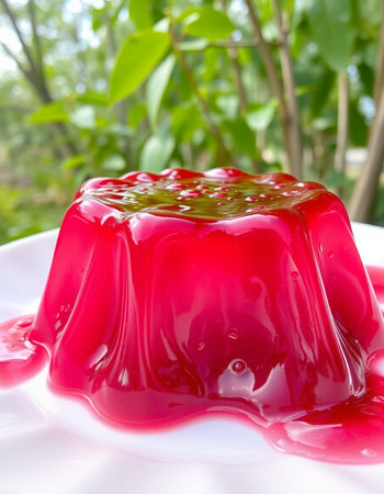 Jelly pudding with strawberry jelly on a white plate in the gardenの写真素材