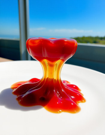 Red sauce on a white plate with a blue sky in the backgroundの写真素材