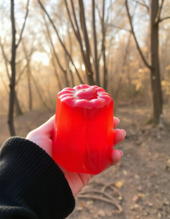 Woman's hand holding a red jelly candies in the forest.の写真素材