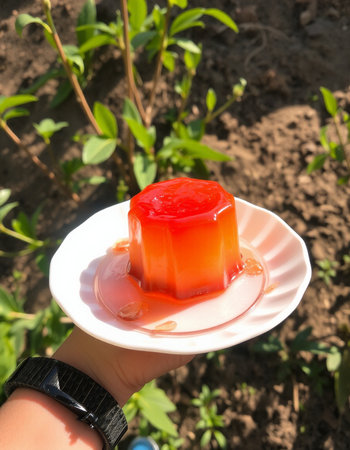 Jelly pudding in hand on the background of the garden bed.の写真素材