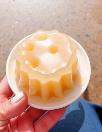 Close-up of a woman's hand holding a cup of vanilla puddingの写真素材