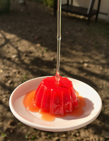 Panna cotta with strawberry syrup on a plate in the garden