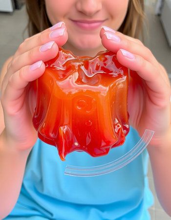 A woman holds a red jelly in her hands. Close-up.の写真素材