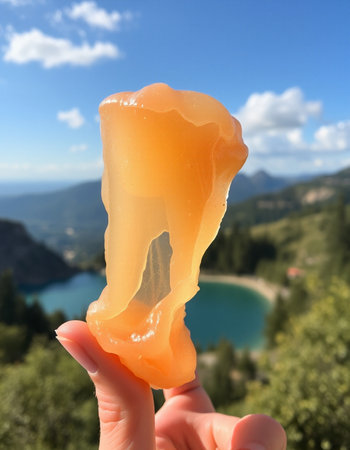 jelly in hand on the background of the lake and mountains.