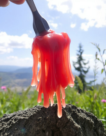 Red jelly on a stick on a background of mountains and blue skyの写真素材