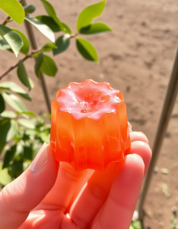 Jelly candies in hand on the background of the garden.の写真素材