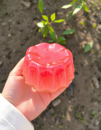 Hand holding a red jelly in the shape of a flower in a garden