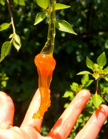 Hand holding orange slime toy with green leaves on background, close up