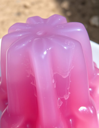 pink jelly on white plate, closeup of photo with shallow depth of field