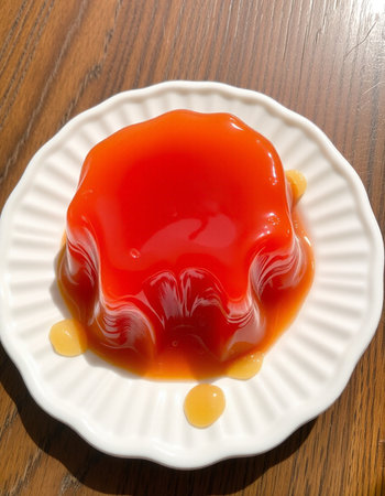 Strawberry jelly in a white plate on a wooden table.の写真素材