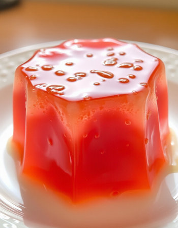 Red jelly pudding with strawberry sauce on a white plate in a restaurantの写真素材