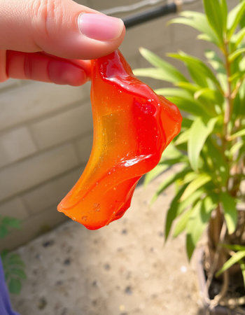 Female hand holding a red and yellow jelly candy in the garden.