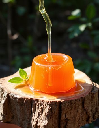 Honey jelly with mint leaves on a wooden stump in the gardenの写真素材