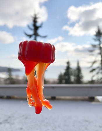 Frozen red bell pepper on the background of the mountain landscape.の写真素材