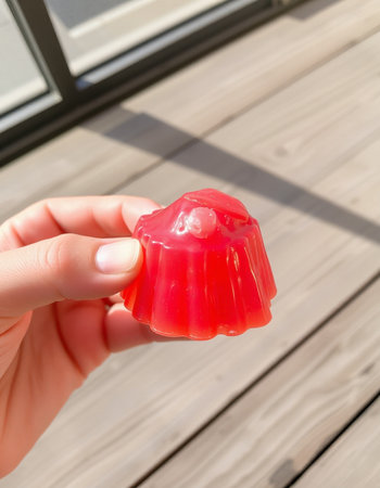 Female hand holding a red jelly on the background of a window.の写真素材