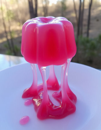 pink jelly on a white plate in the garden close-up