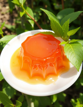 Orange jelly on a white plate with green leaves in the background.の写真素材