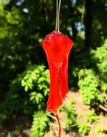 Red hot chili pepper hanging on a rope in the summer garden.の写真素材