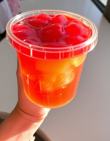 Fruit jelly in a plastic cup in the hand of a womanの写真素材