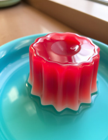 red jelly on a blue plate, close-up, selective focusの写真素材