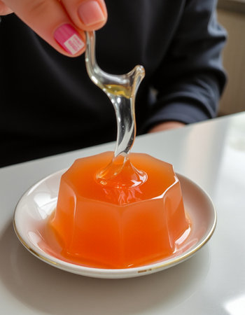 Orange jelly in a white plate with a spoon on a white table