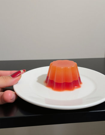 Jelly pudding with strawberry jelly in a white plate on a black background