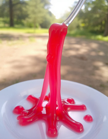 Red jelly on a fork in the park. Selective focus.の写真素材