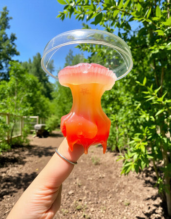 Female hand holds a condom against the background of the summer garden.
