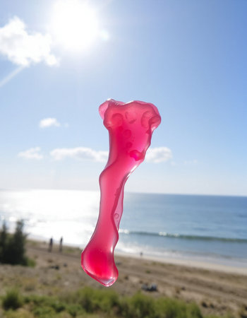 Pink jelly on the beach with blue sky and sea in backgroundの写真素材