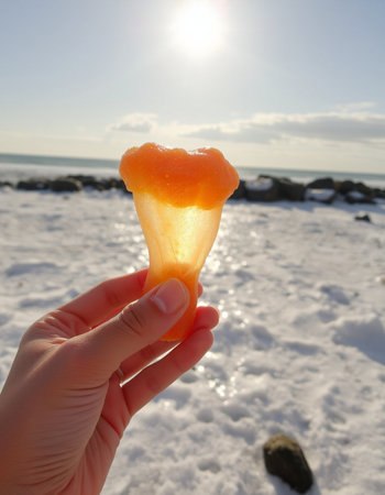 Ice cream in hand on the beach in winter. Selective focus.の写真素材