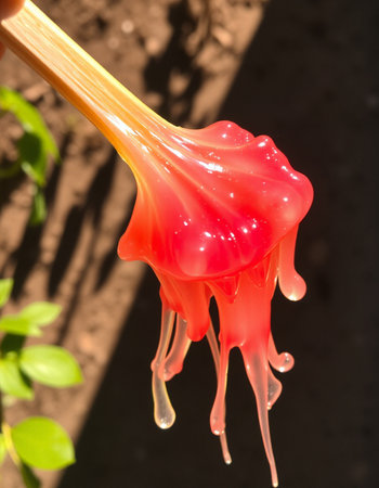 Red paint drips from a spatula into the ground. Macro