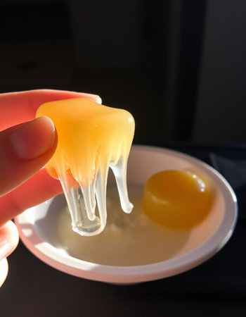 Close up of hand holding a yellow object with egg yolk