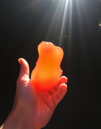 Orange jelly in hand on a black background. Selective focus.の写真素材