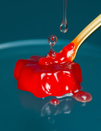 Red jelly on a spoon with water drops on a blue background.