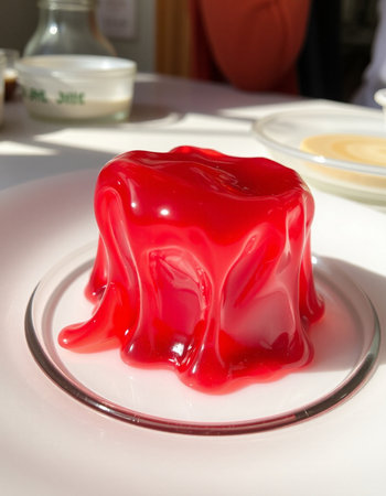 Red jelly with syrup on a white plate, closeup of photoの写真素材