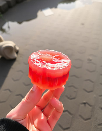 Hand holding a red jelly candies on the pavement in the parkの写真素材