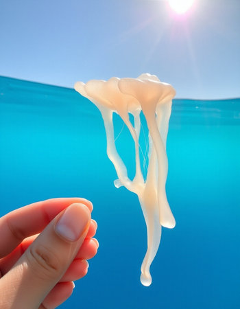 jellyfish in hand against the background of the sea and skyの写真素材