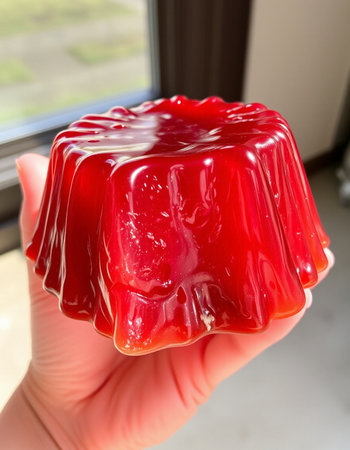 Red jelly in hand on the background of the window, close-up