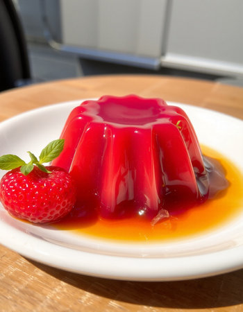 Strawberry jelly on a white plate on a wooden table.の写真素材