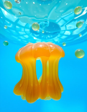 Orange jelly in the water with bubbles on blue background. Studio shot.
