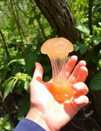 Orange jelly in hand on a background of green leaves in the forestの写真素材