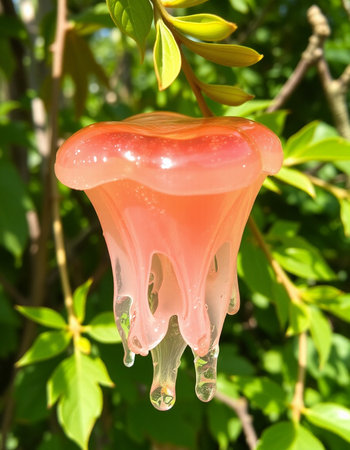 close up of a pink heart shaped icicle hanging from a treeの写真素材