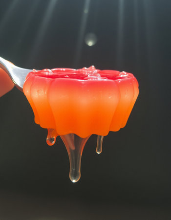 Close-up of a red jelly on a fork with a drop of waterの写真素材