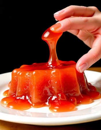 Cherry jelly with strawberry sauce on a white plate on a black backgroundの写真素材